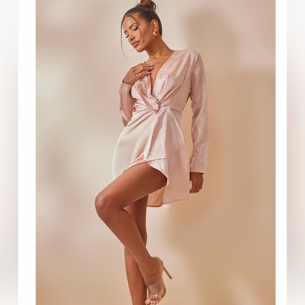 Nude Satin Long Sleeve Wrap Dress-brand new